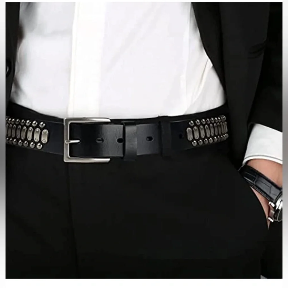 Studded Casual Italian Cowhide Leather Belts for Jeans Punk Rock River-34-36”